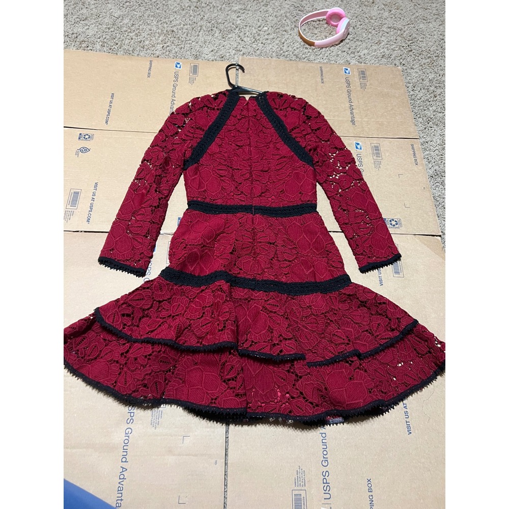Alexis Khans Dress Burgundy Lace Long Sleeve Tiered Ruffle Mock Neck Cocktail S - Picture 9 of 10